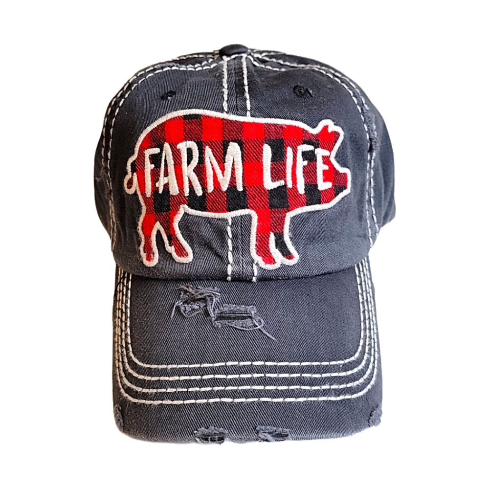 DISTRESSED BLACK 'FARM LIFE' BUFFALO PLAID HAT